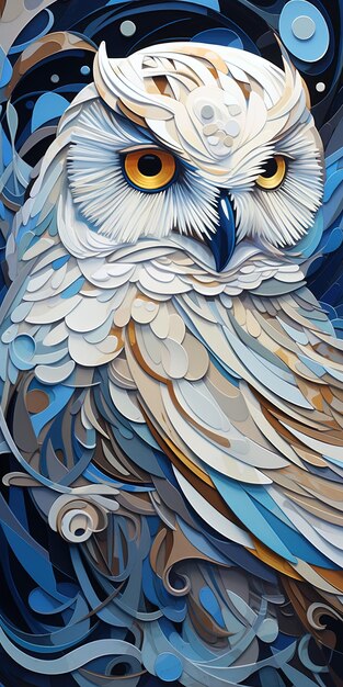 a painting of an owl with yellow eyes