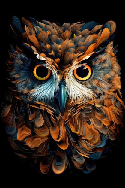 A painting of an owl with yellow eyes.