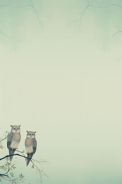 a painting of owls on a white background with a line of trees in the background