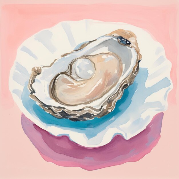 Photo painting of a oyster on a plate with a pink background generative ai