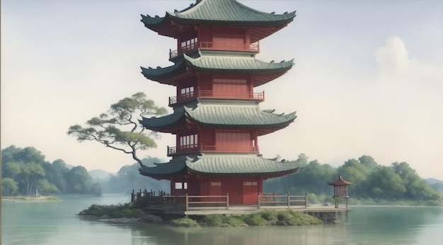 Painting of a pagoda next to a body of water by Generative AI