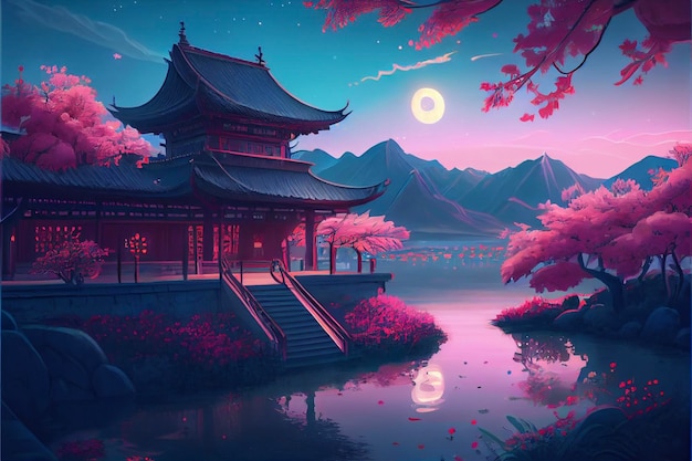 Painting of a pagoda next to a body of water generative ai