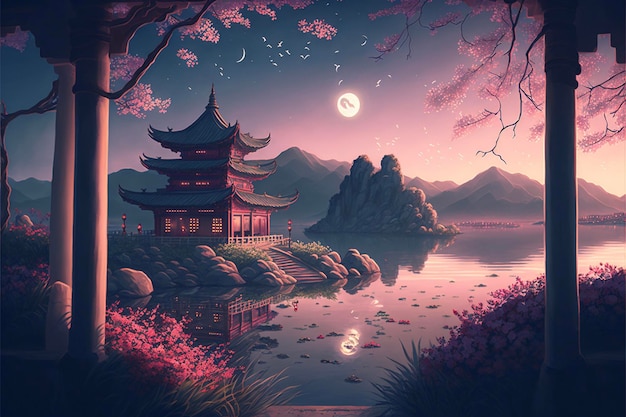 Painting of a pagoda next to a body of water generative ai