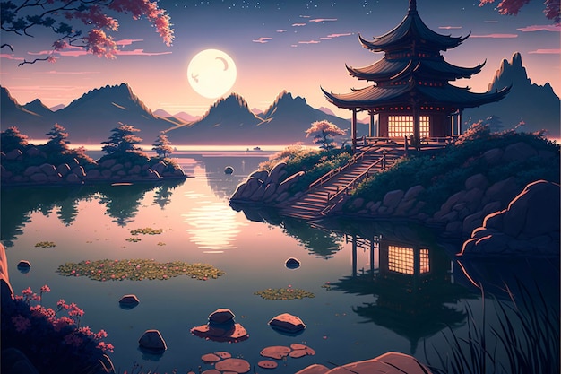 Painting of a pagoda next to a body of water generative ai