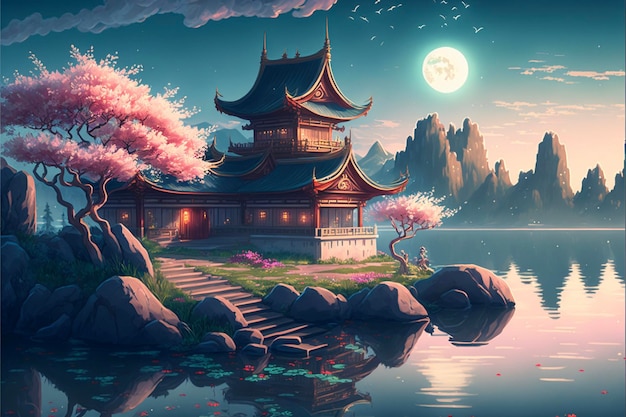 Painting of a pagoda next to a body of water generative ai