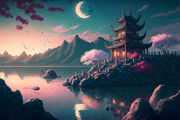 Painting of a pagoda next to a body of water generative ai