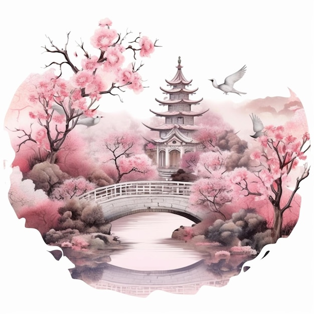 Картина пагоды и моста с розовыми цветами и птицами, летающими над ним