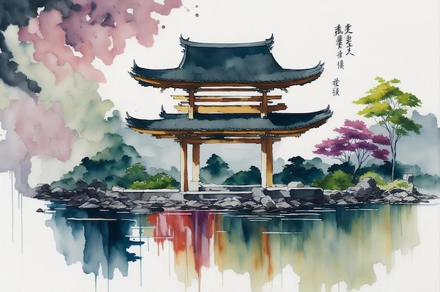 a painting of a pagoda by a lake with a tree in the background