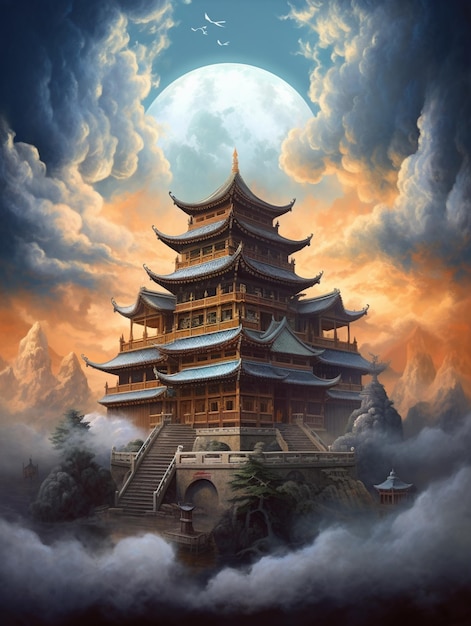 painting of a pagoda in the clouds with a full moon in the background generative ai