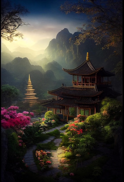 a painting of a pagoda in a forest with a mountain in the background.