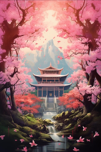 painting of a pagoda in a forest with a waterfall and pink flowers generative ai