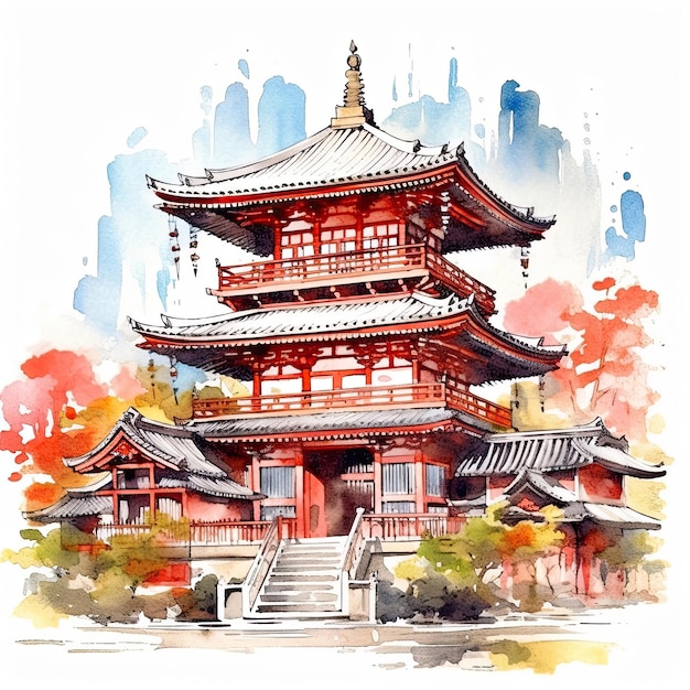 A painting of a pagoda in japan