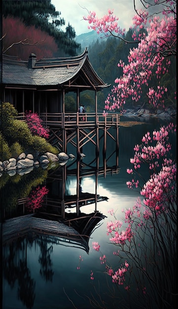 Painting of a pagoda in japanese style generative ai