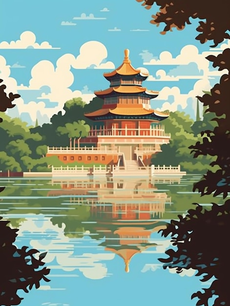 A painting of a pagoda in a lake surrounded by trees generative ai