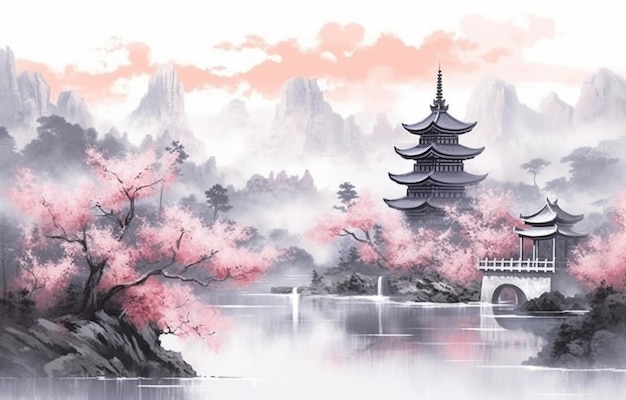Painting of a pagoda and a lake with pink flowers in the foreground generative ai