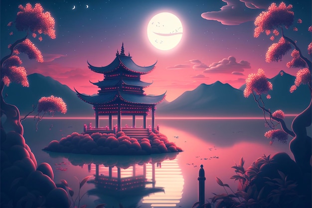 Painting of a pagoda in the middle of a lake generative ai