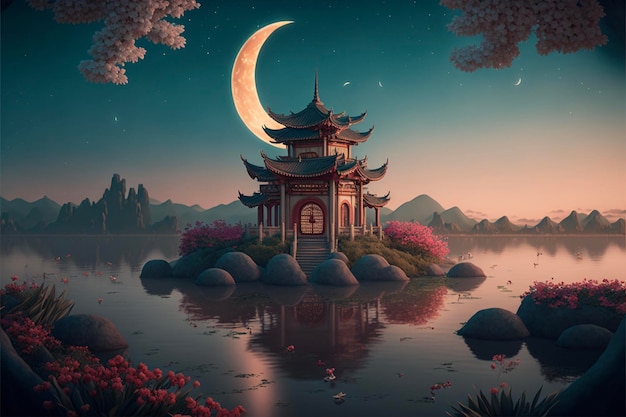 Painting of a pagoda in the middle of a lake generative ai