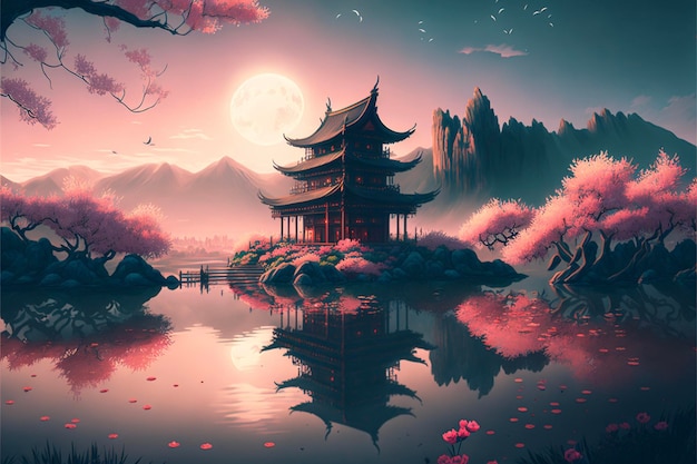 Painting of a pagoda in the middle of a lake generative ai