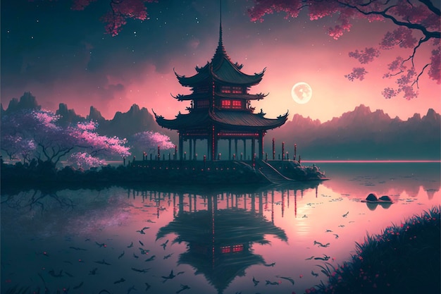 Painting of a pagoda in the middle of a lake generative ai