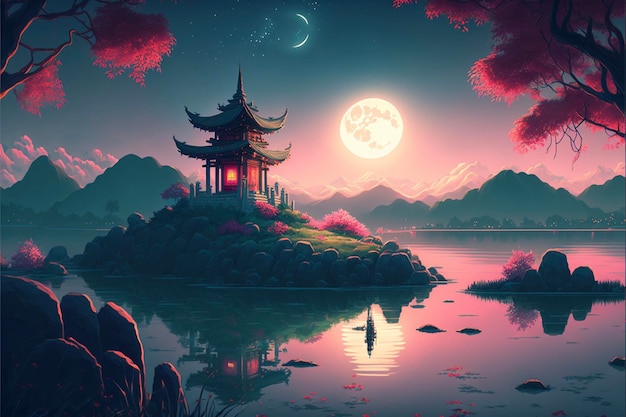 Painting of a pagoda in the middle of a lake generative ai