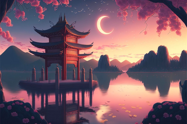 Painting of a pagoda in the middle of a lake generative ai