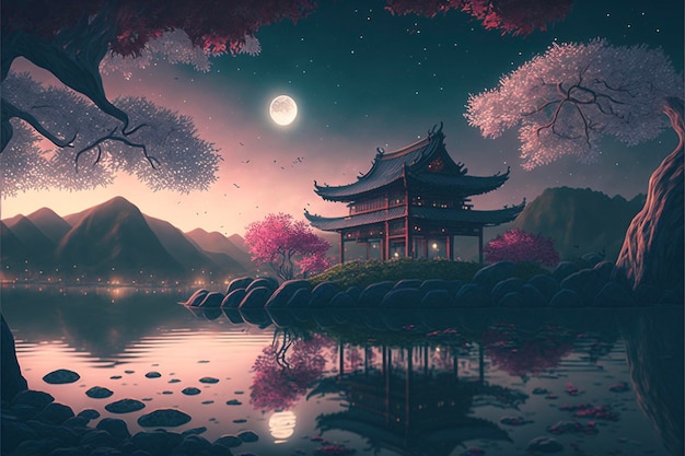 Painting of a pagoda in the middle of a lake generative ai