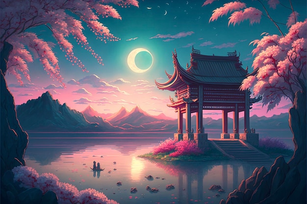 Painting of a pagoda in the middle of a lake generative ai