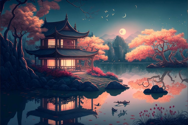 Painting of a pagoda in the middle of a lake generative ai