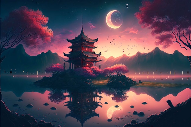 Painting of a pagoda in the middle of a lake generative ai