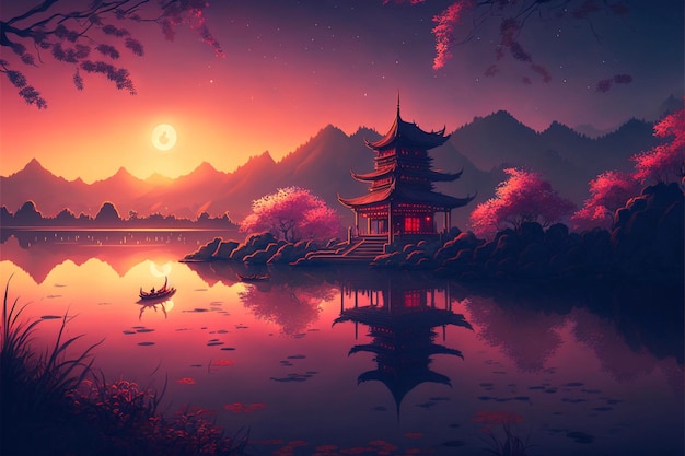 Painting of a pagoda in the middle of a lake generative ai