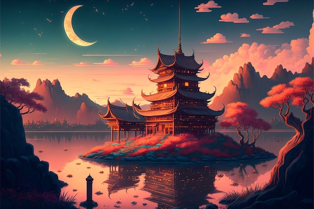 Painting of a pagoda in the middle of a lake generative ai