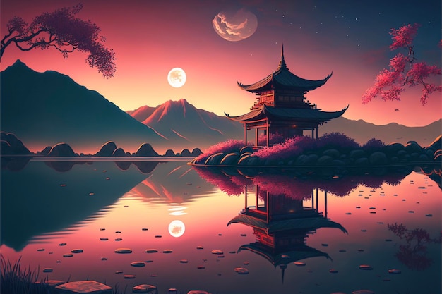 Painting of a pagoda in the middle of a lake generative ai