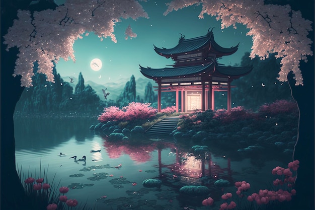 Painting of a pagoda in the middle of a lake generative ai