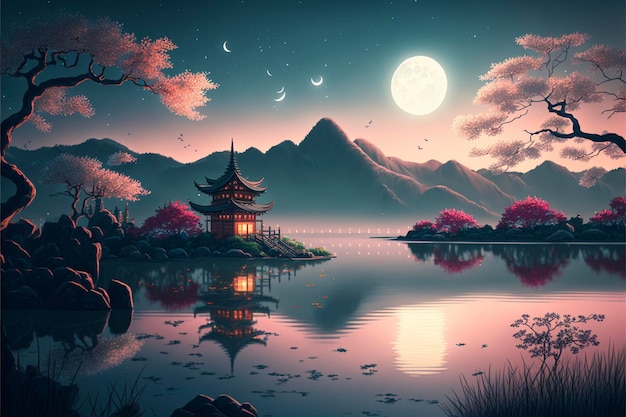 Painting of a pagoda in the middle of a lake generative ai