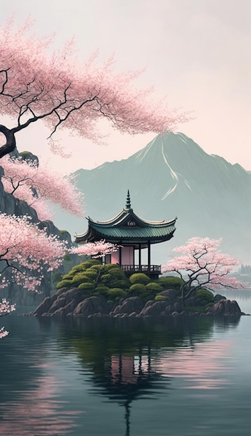 Painting of a pagoda in the middle of a lake generative ai