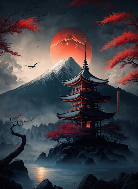 painting of a pagoda in the middle of a mountain with a bird flying over it generative ai