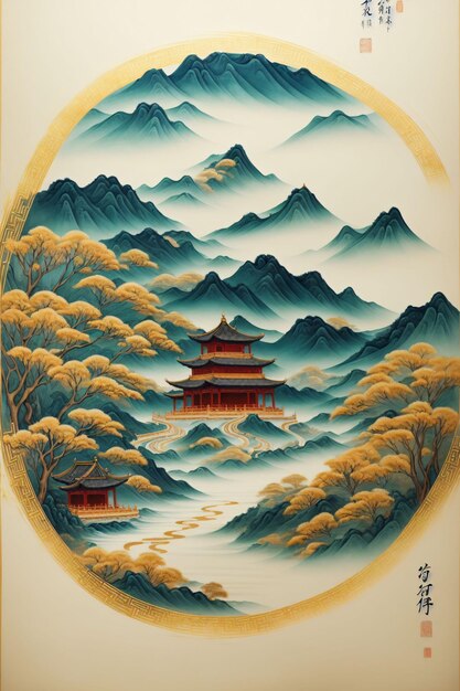 A painting of a pagoda in the mountains