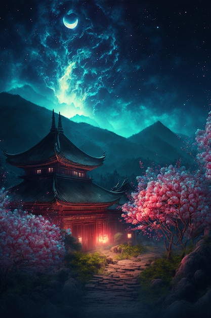 Painting of a pagoda at night with a full moon in the sky generative ai