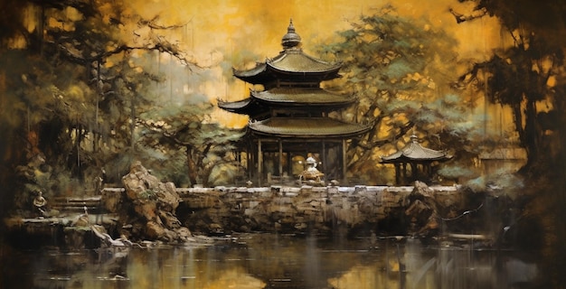 Painting of a pagoda in a park with a pond and trees generative ai