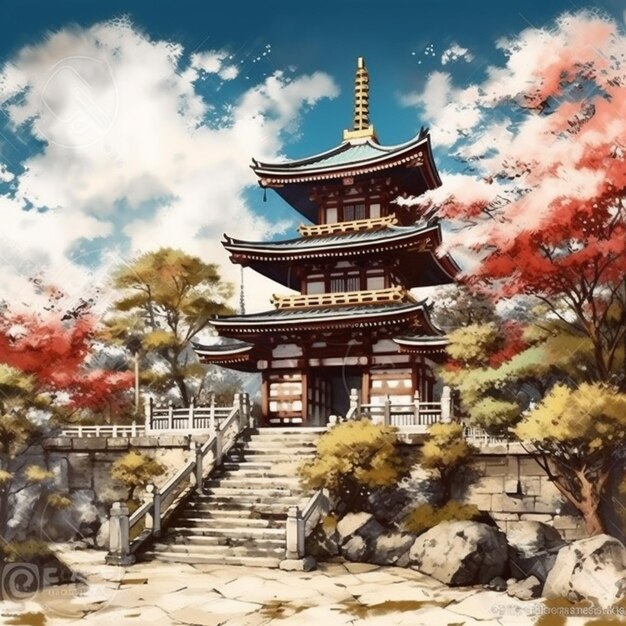 Painting of a pagoda in a park with trees and rocks generative ai