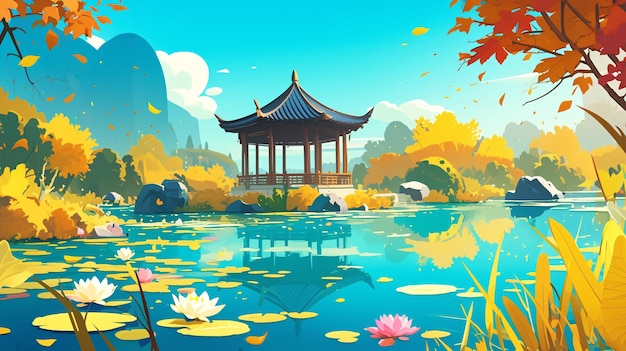 a painting of a pagoda and pond with a pagoda in the backgroundIllustrations of the Lixia solar ter