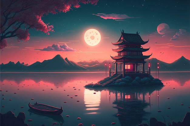 Painting of a pagoda sitting on top of a body of water generative ai