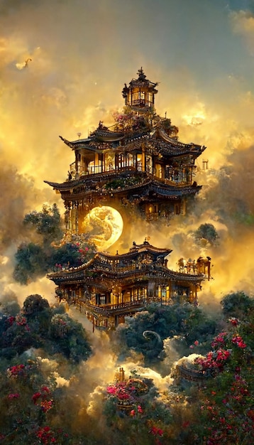 Painting of pagoda in the sky with full moon background generative ai