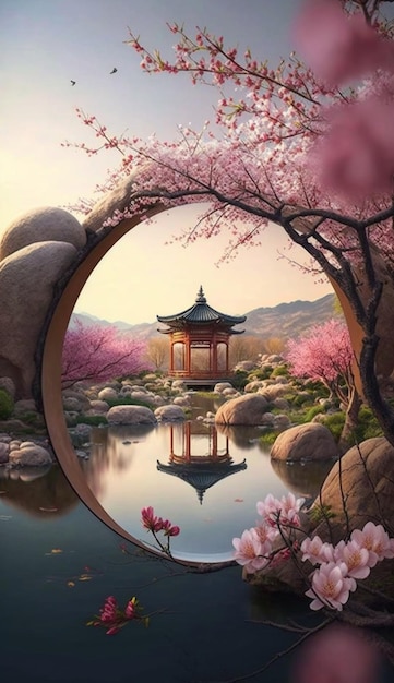 A painting of a pagoda surrounded by flowers.