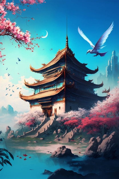 Painting of a pagoda with a bird flying over it generative ai