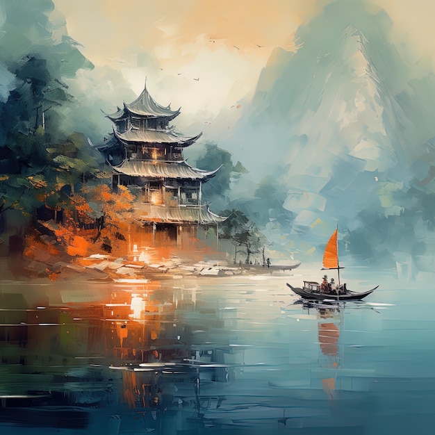 a painting of a pagoda with a boat and a pagoda on the water