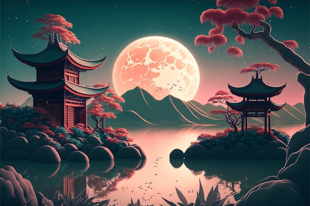 Painting of a pagoda with a full moon in the background generative ai