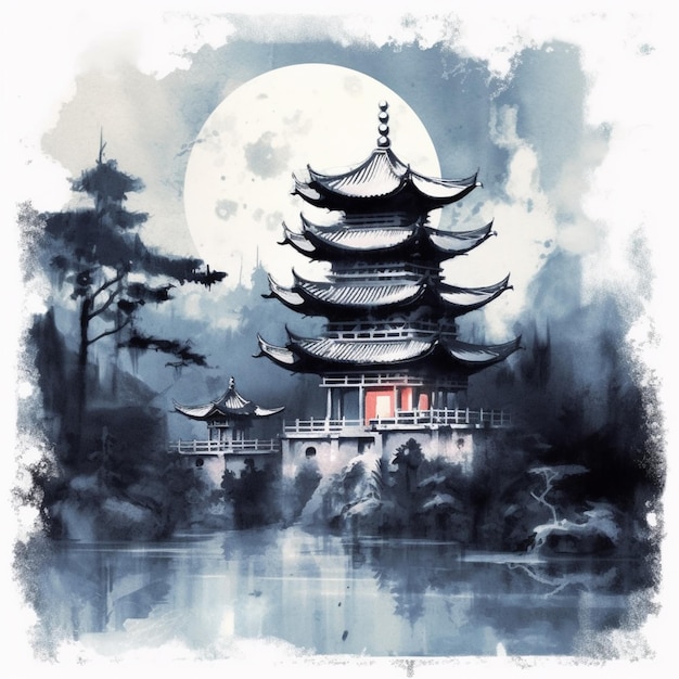 Painting of a pagoda with a full moon in the background generative ai