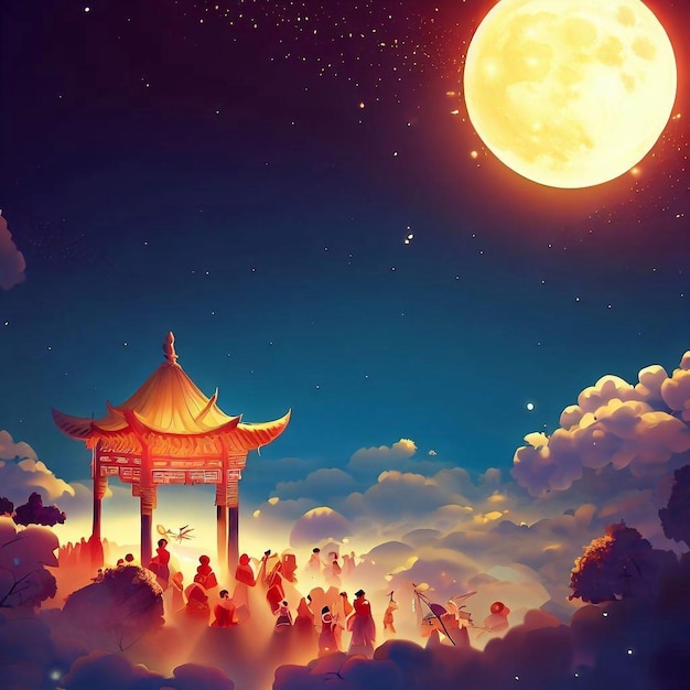 a painting of a pagoda with a moon in the background.