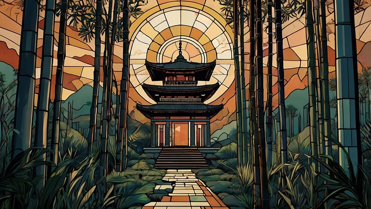 Photo a painting of a pagoda with a picture of a building and trees